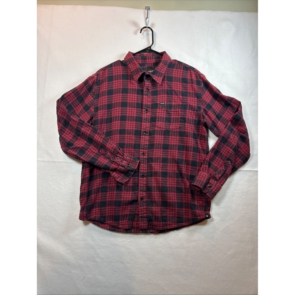 Hurley Mens Flannel Shirt Red Black Plaid Long Sleeve Button Down Size L